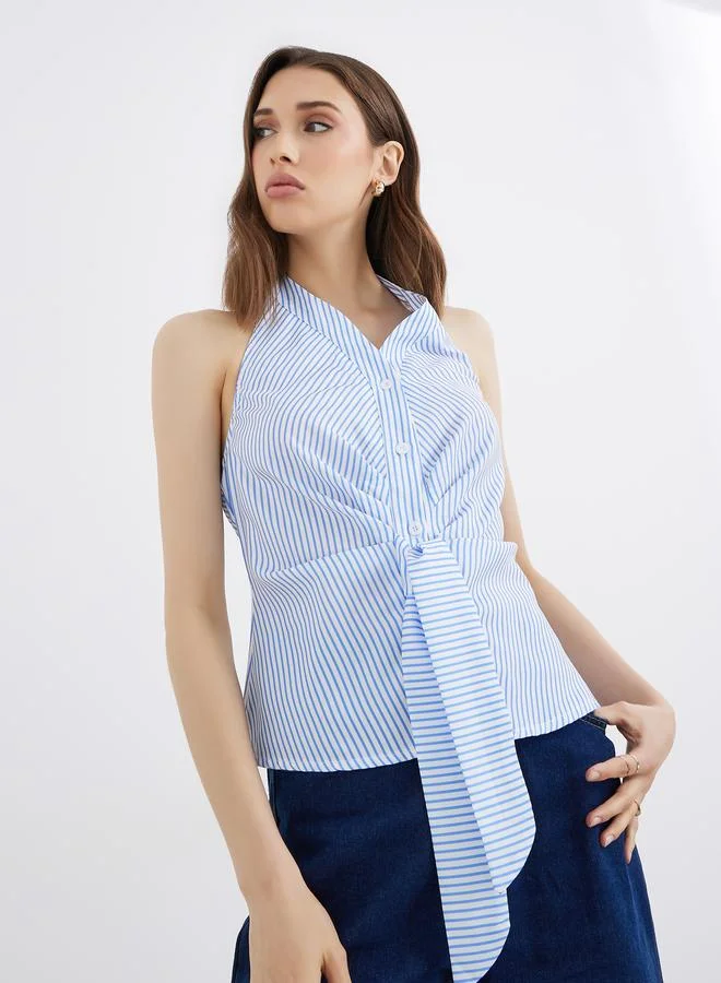 تايك تو بلوزة بدون أكمام بياقة هالتر مخططة